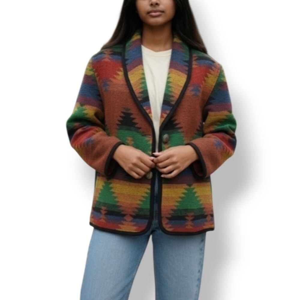 Vintage Jofeld Wool Blend Southwestern Aztec Button Down Blazer Coat Size Small - Picture 2 of 16